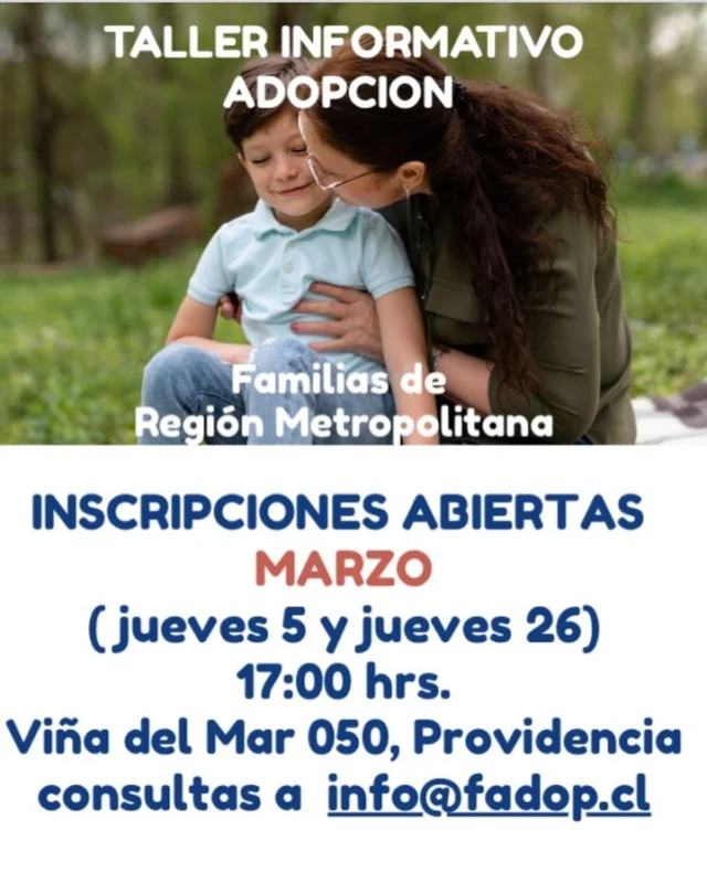 Atención que ya tenemos abiertas las postulaciones para los talleres de marzo. 

Les dejamos arriba en nuestra biografía del perfil los dos enlaces para que puedan inscribirse: 

Primero pinchan:

https://adopcion.sis.mejorninez.cl/PaginaExterna.aspx?id=2&t=1&i=1

Y les llegará un correo con una clave para utilizar en el paso siguiente.

Luego pinchan el segundo link:

https://adopcion.sis.mejorninez.cl/default.aspx

Sigan los pasos ☝️y quedarán registrados como postulantes a la adopción en Fadop.