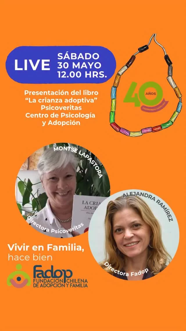 Los y las esperamos este sábado para participar de una interesante conversación en vivo con Montse Lapastora. Psicóloga experta en adopción, ampliamente reconocida por entidades internacionales. 
No falten! 
#derechoavivirenfamilia 
#somosfadop 
#adopcion